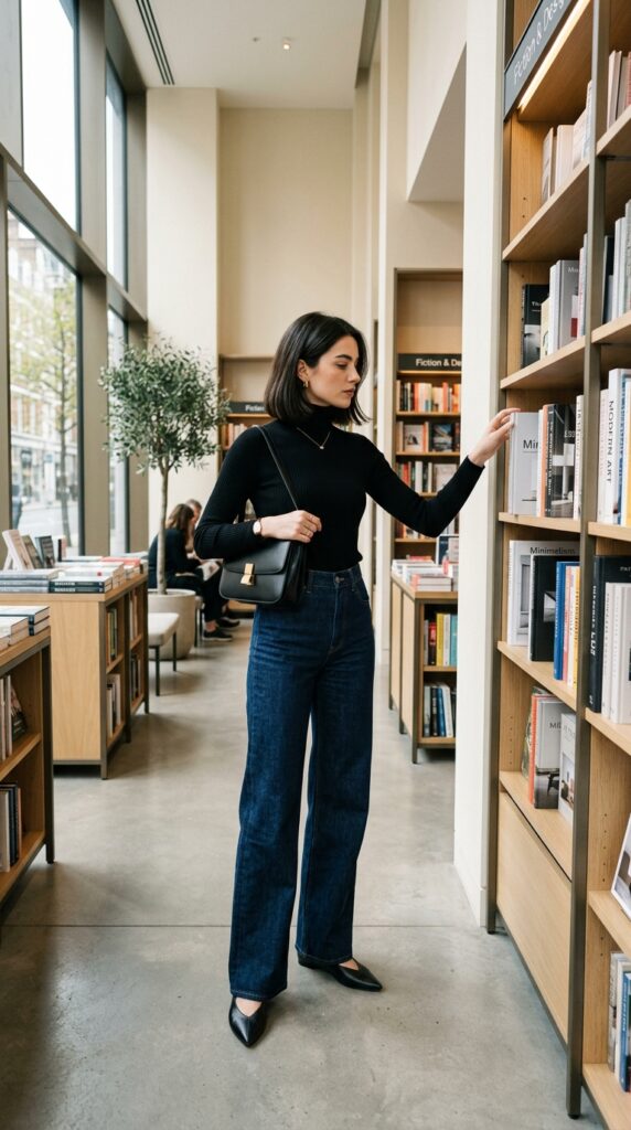 Black Turtleneck With Wide Leg Jeans