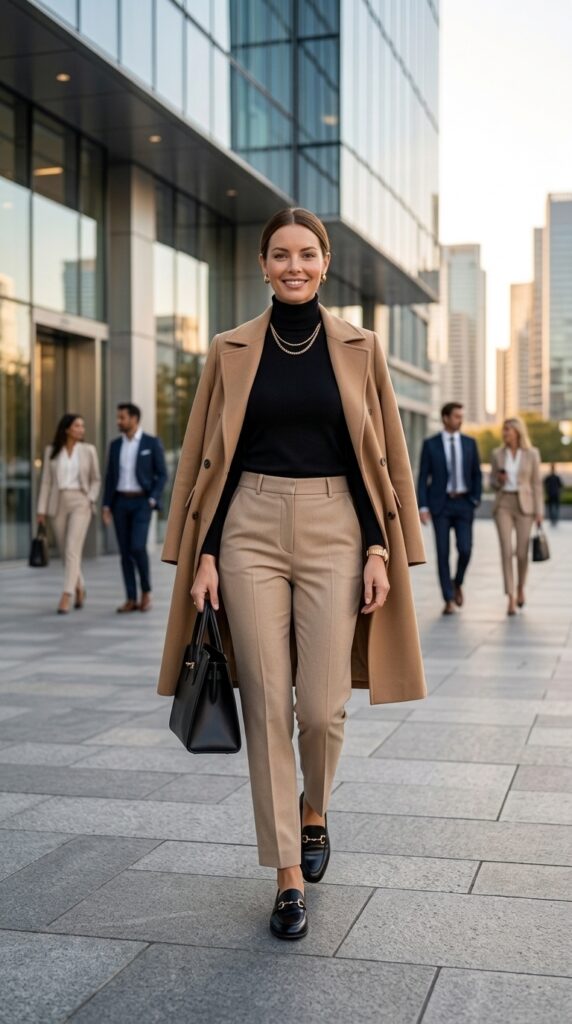 Black Turtleneck with Beige Trousers