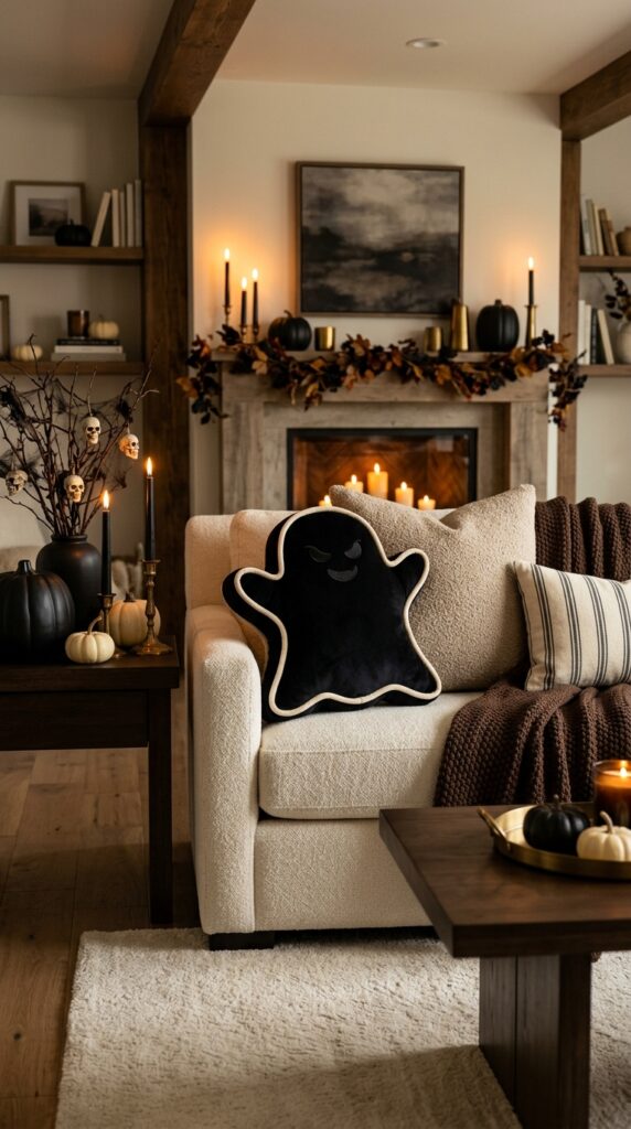 Black Velvet Ghost Pillow With Cream Piping