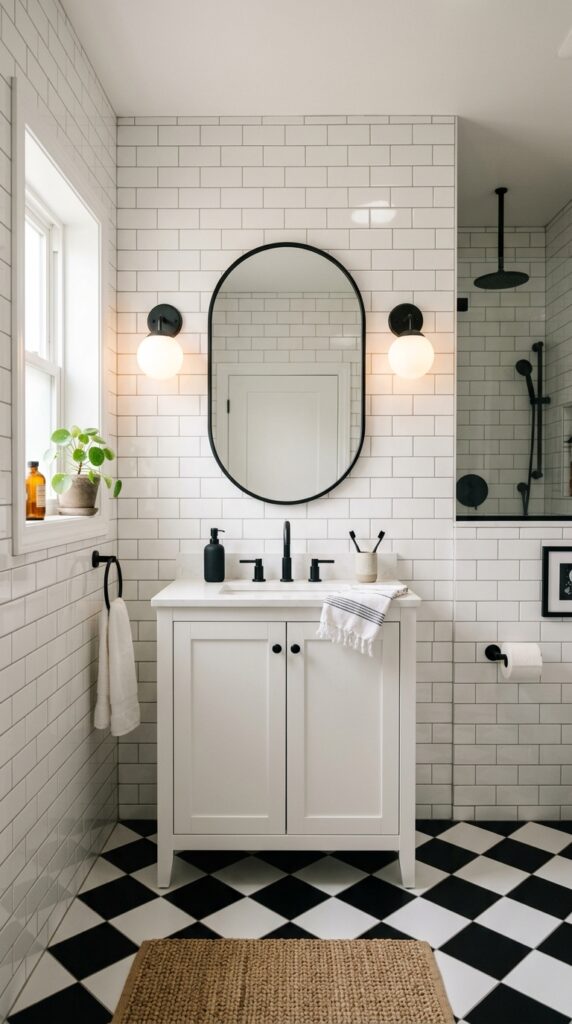 Black and White Checkerboard Bathroom With Subway Tile