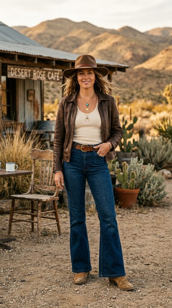 Brown Leather Jacket With Flared Jeans