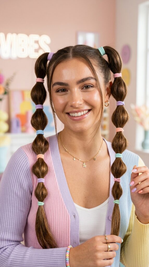 Bubble Pigtails With Colorful Elastics