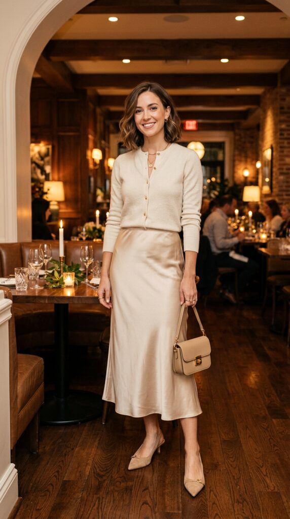Cardigan With Satin Midi Skirt