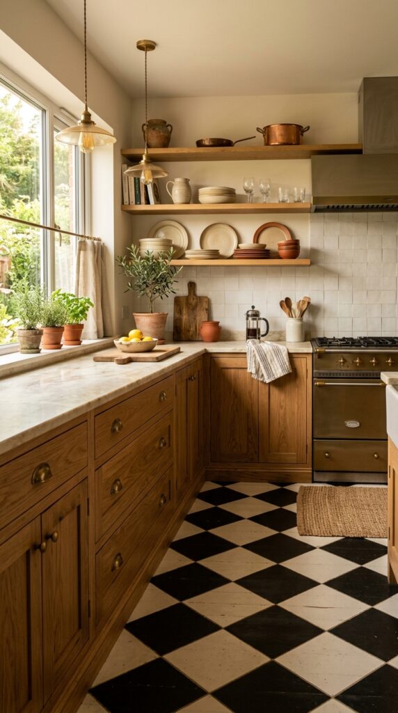 Checkerboard Floor With Warm Wood Cabinetry