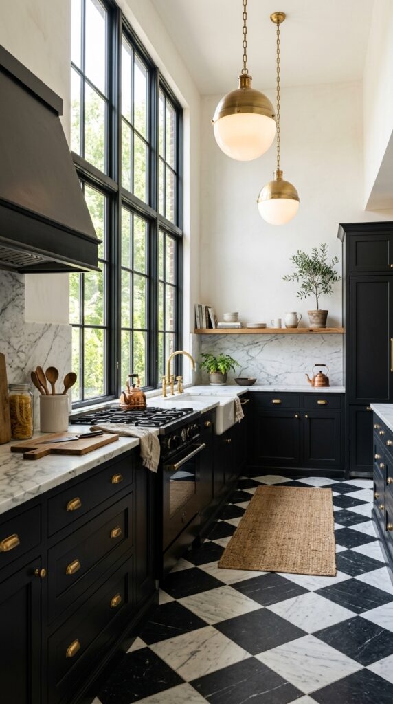 Checkerboard Kitchen With Black Cabinets