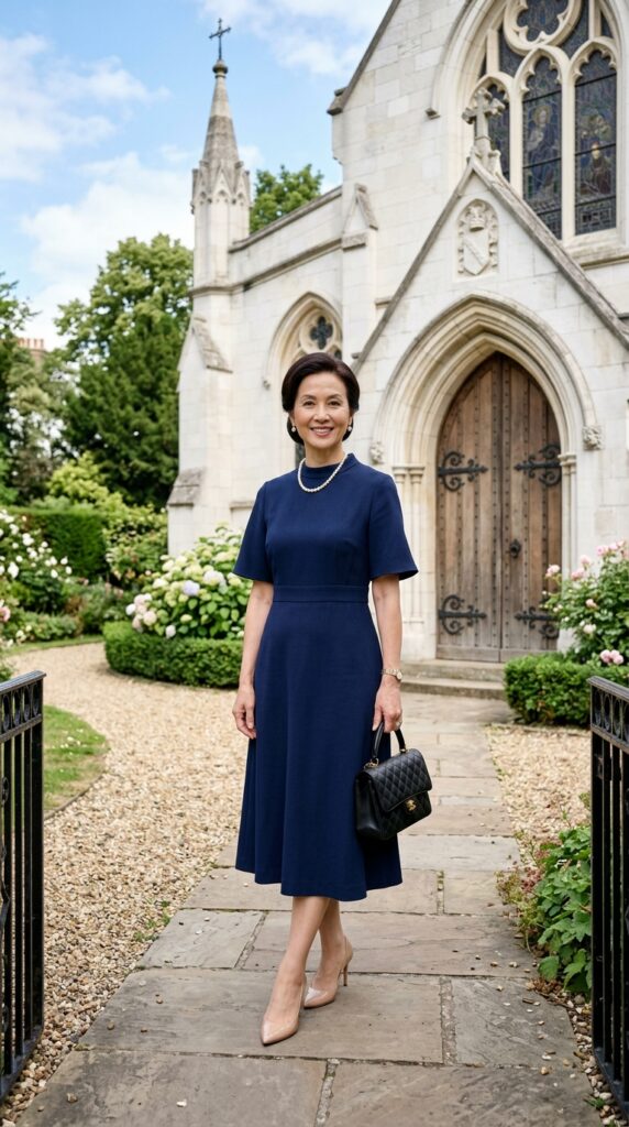Classic Navy Dress With Pearl Accessories