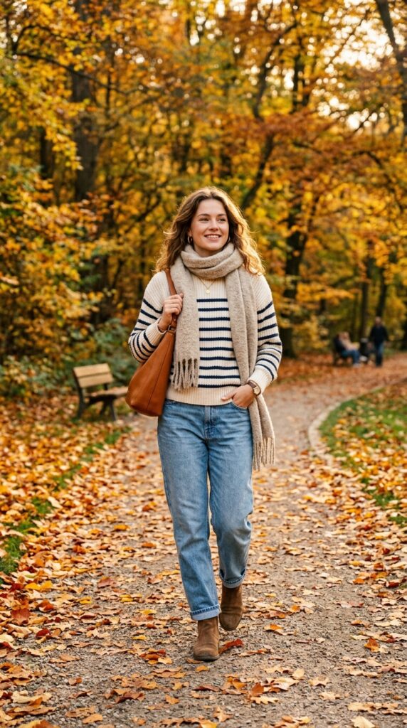 Cream Striped Sweater with Relaxed Denim