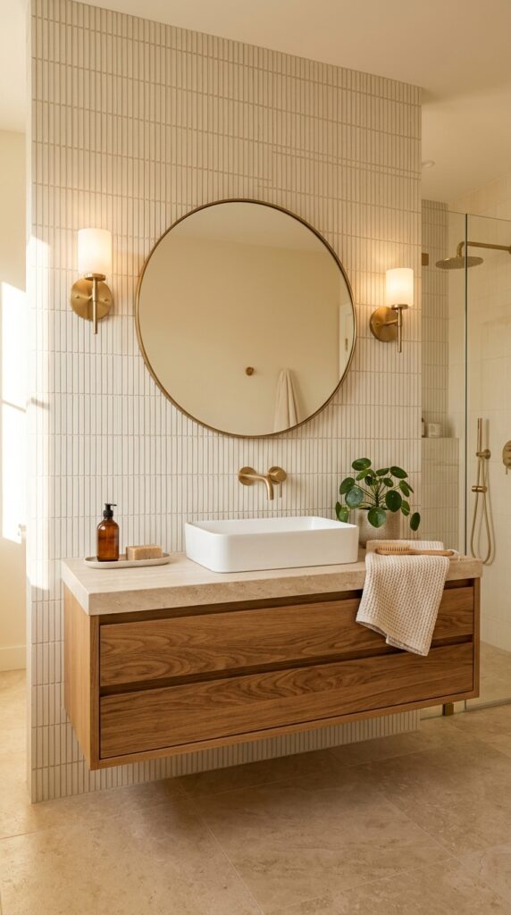 Cream Tile Wall With Natural Wood Vanity