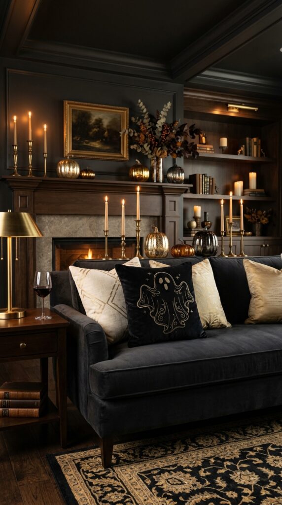 Dark Velvet Ghost Pillow With Gold Details