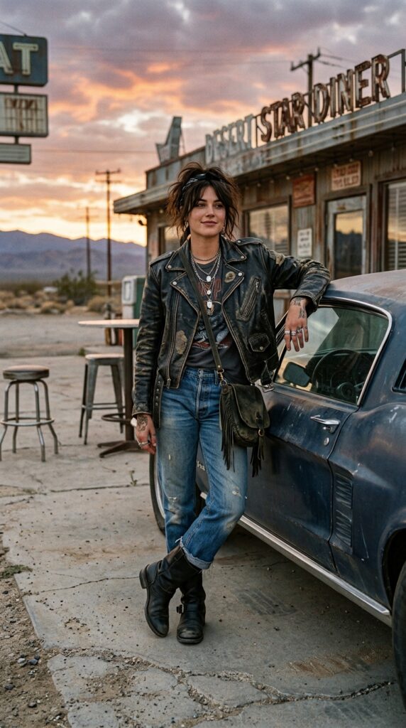 Distressed Leather Jacket With Graphic Tee