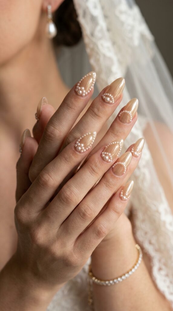 Elegant Full Pearl Inlay Bridal Nails
