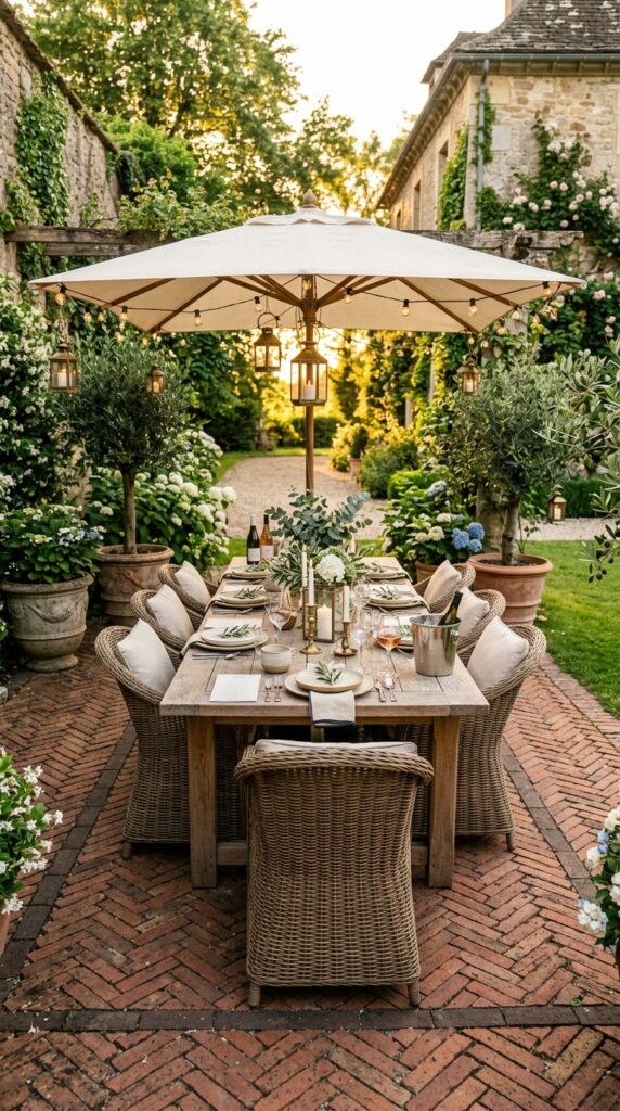 Elegant Herringbone Patio With Outdoor Dining