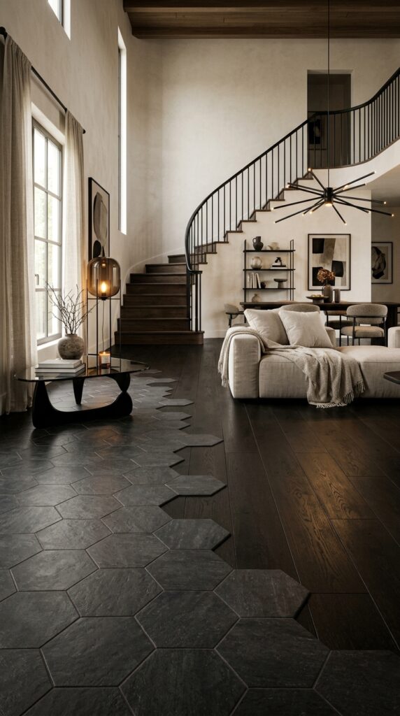 Geometric Hexagon Transition With Dark Flooring