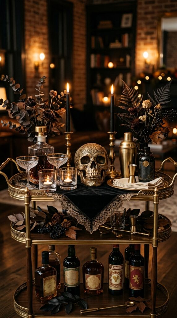 Glamorous Gold Skull Bar Cart Display