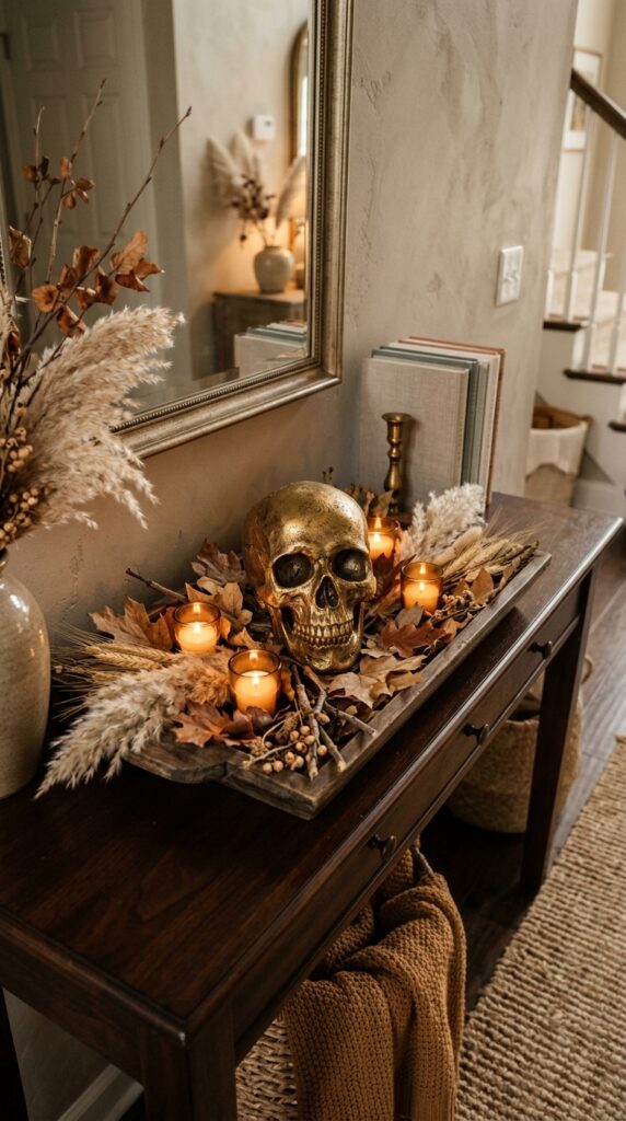 Gold Skull With Dried Autumn Foliage