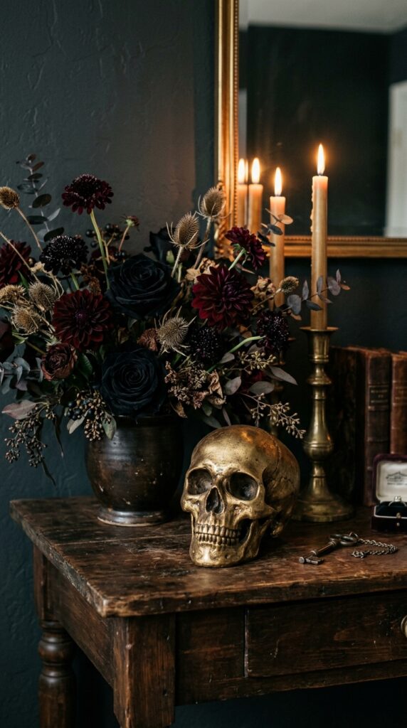 Gold Skull and Black Rose Arrangement