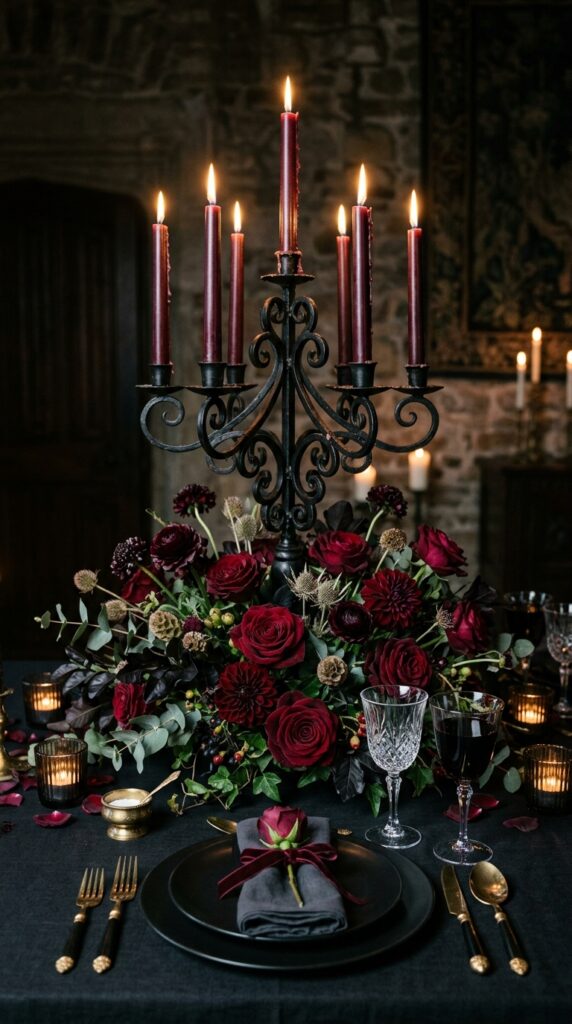 Gothic Black and Burgundy Tablescape