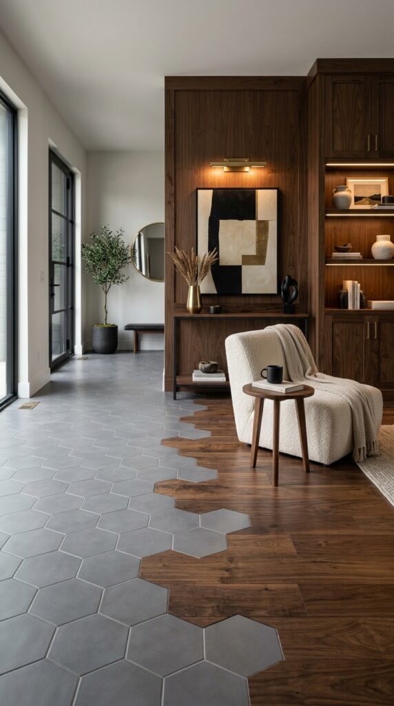 Gray Hexagon Tile With Walnut Flooring