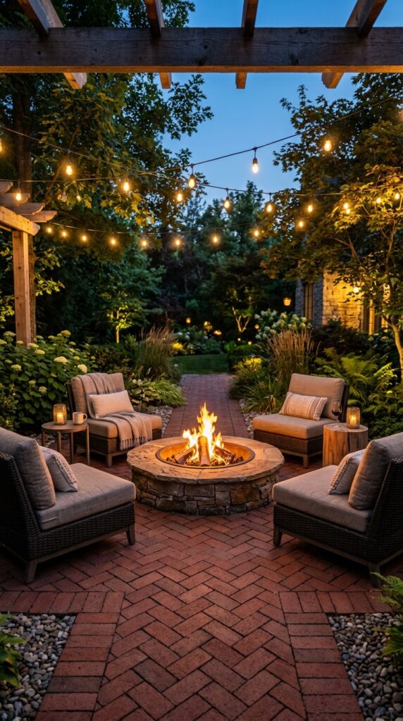 Herringbone Brick Patio With Fire Pit