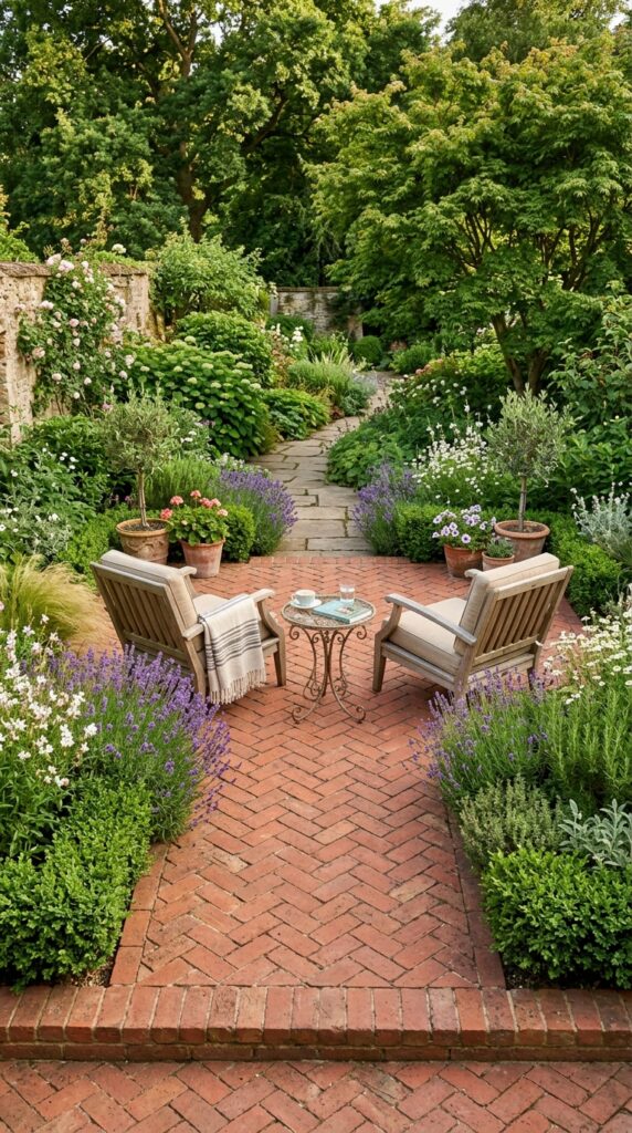 Herringbone Brick Patio With Garden Edging