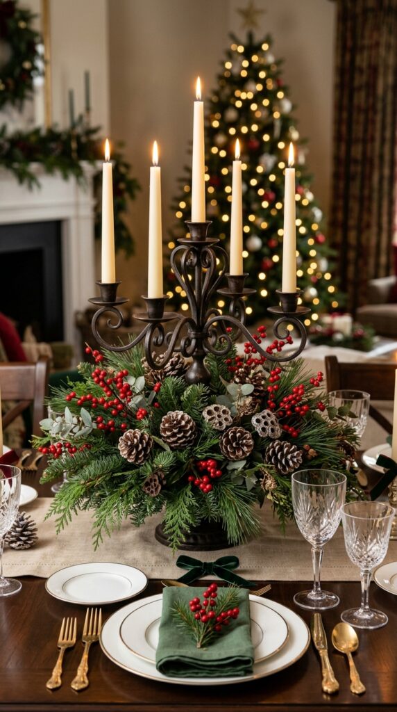 Holiday Evergreen and Red Berry Centerpiece