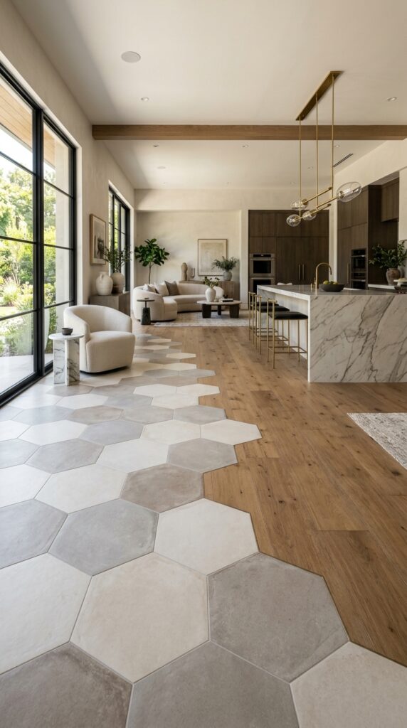 Large Hexagon Tile With Wood Flooring