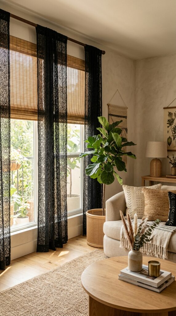 Layered Black Lace and Bamboo Shades