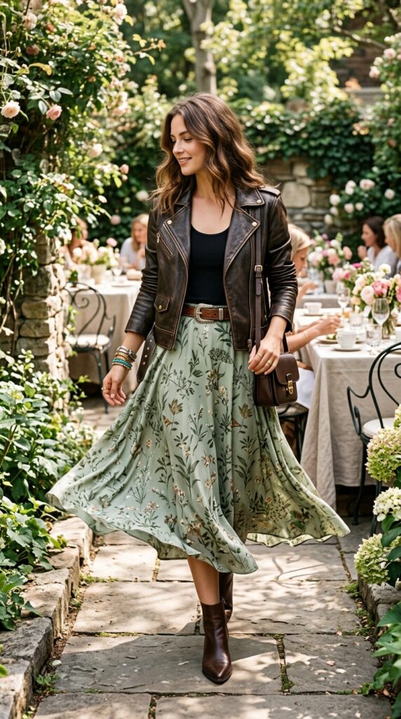 Leather Jacket With Flowy Midi Skirt