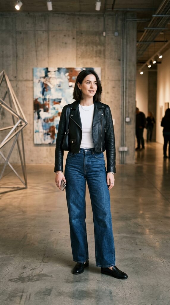 Leather Jacket With Wide Leg Jeans