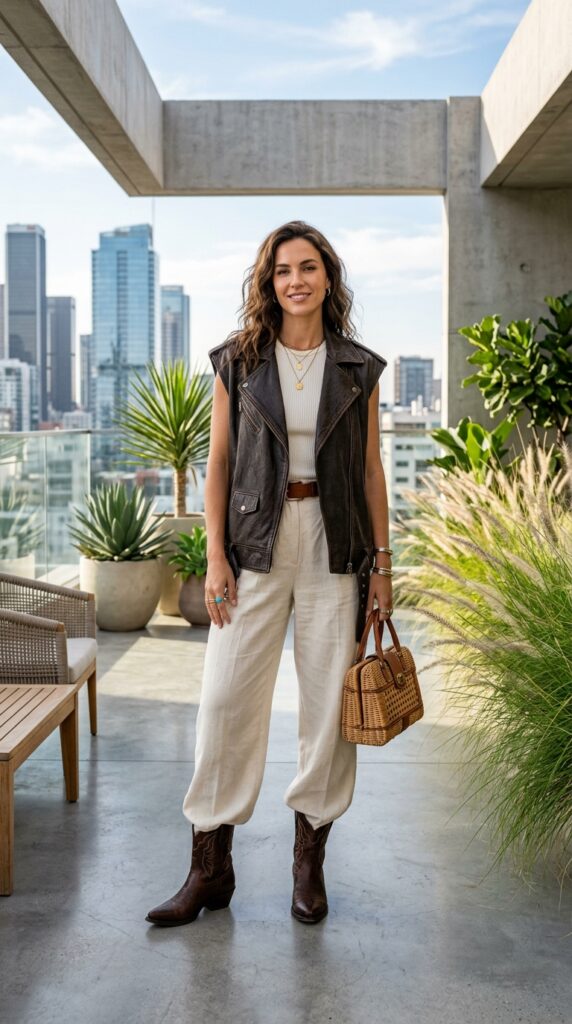 Leather Vest With Wide-Leg Pants