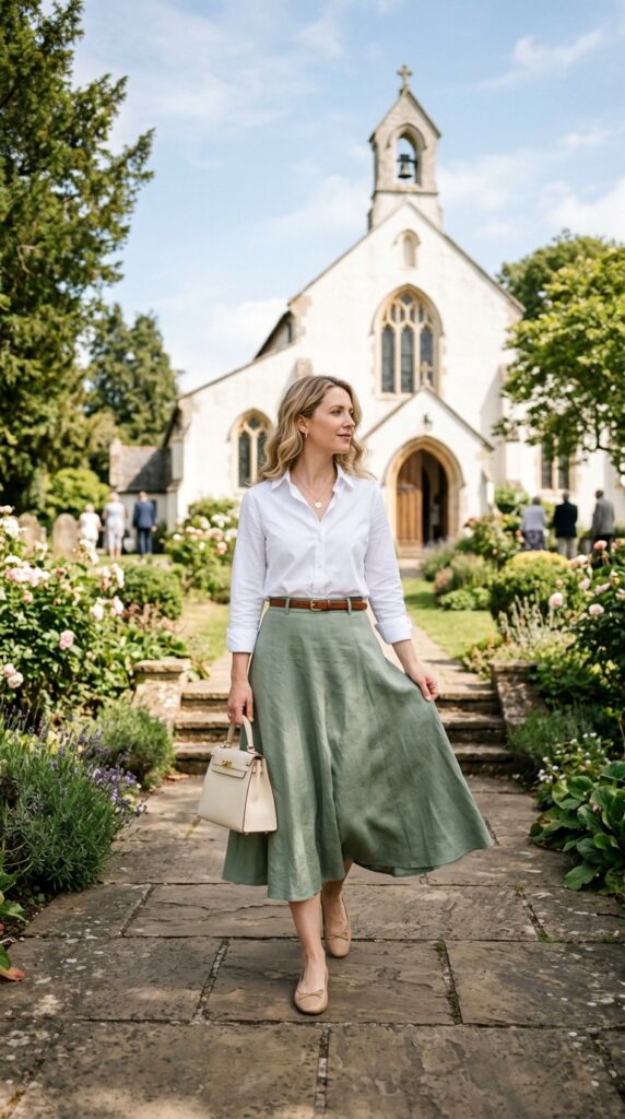Midi Skirt With a Button-Down Shirt
