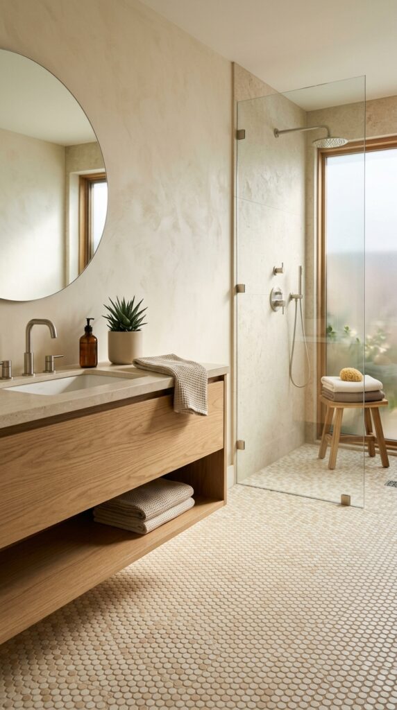 Minimalist Neutral Penny Tile Floor