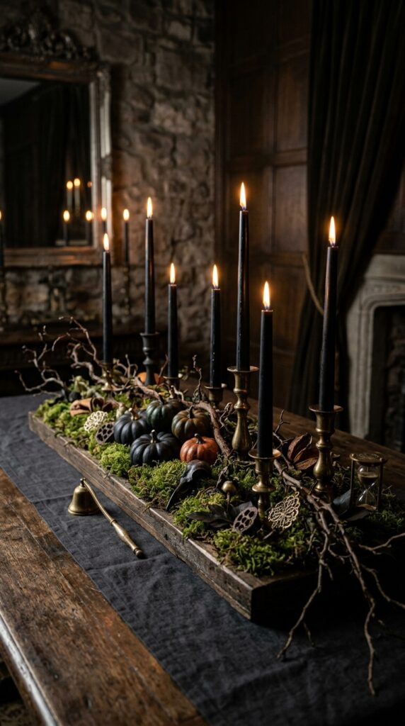 Moss and Black Candle Centerpiece