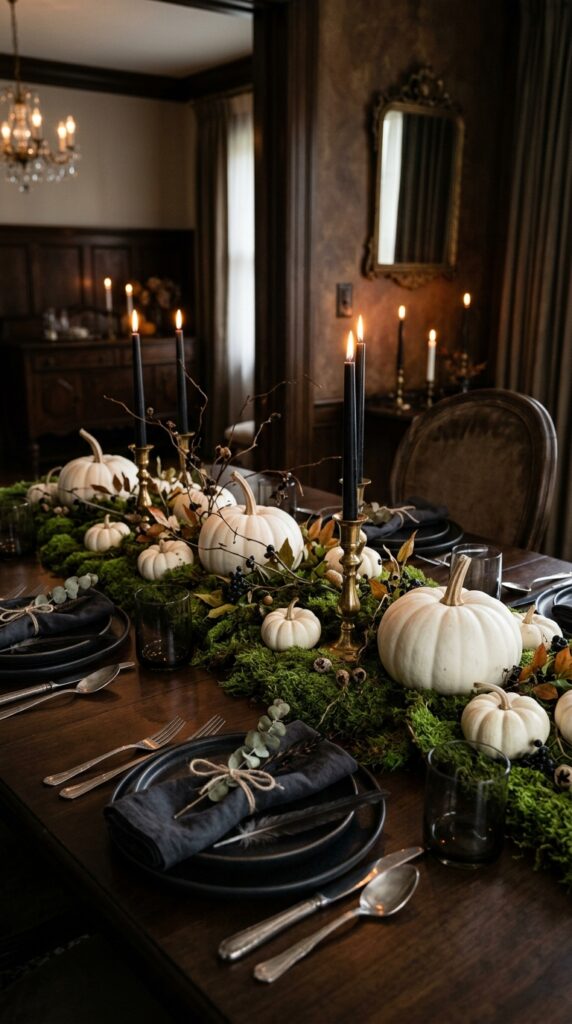 Moss and White Pumpkin Tablescape