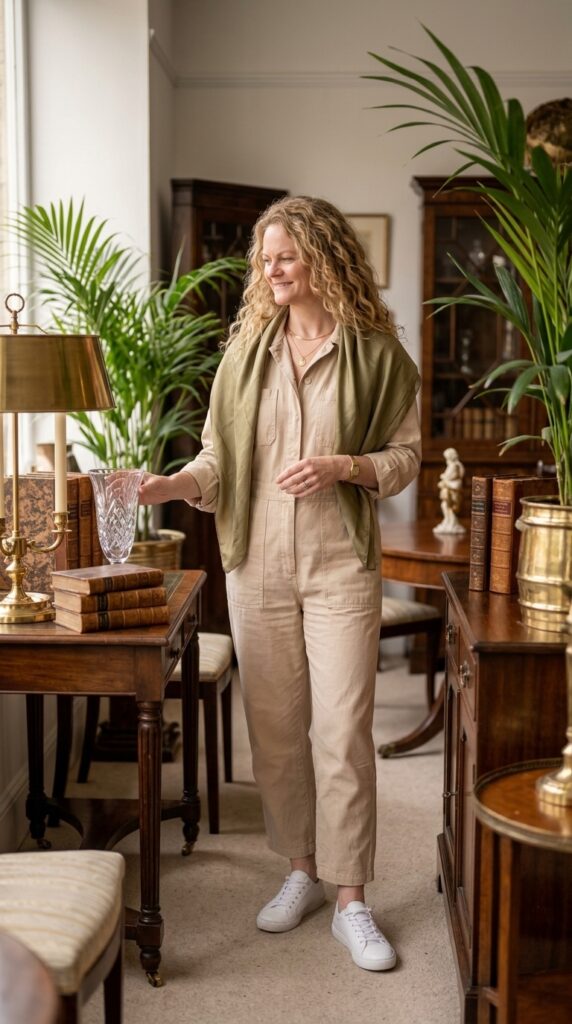 Neutral Jumpsuit with White Sneakers