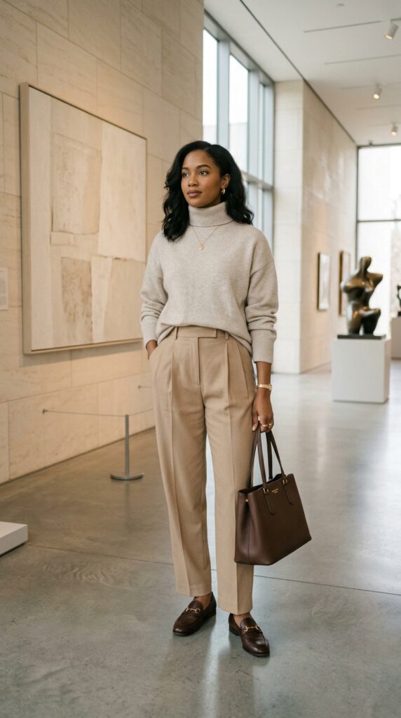 Neutral Sweater With Pleated Trousers
