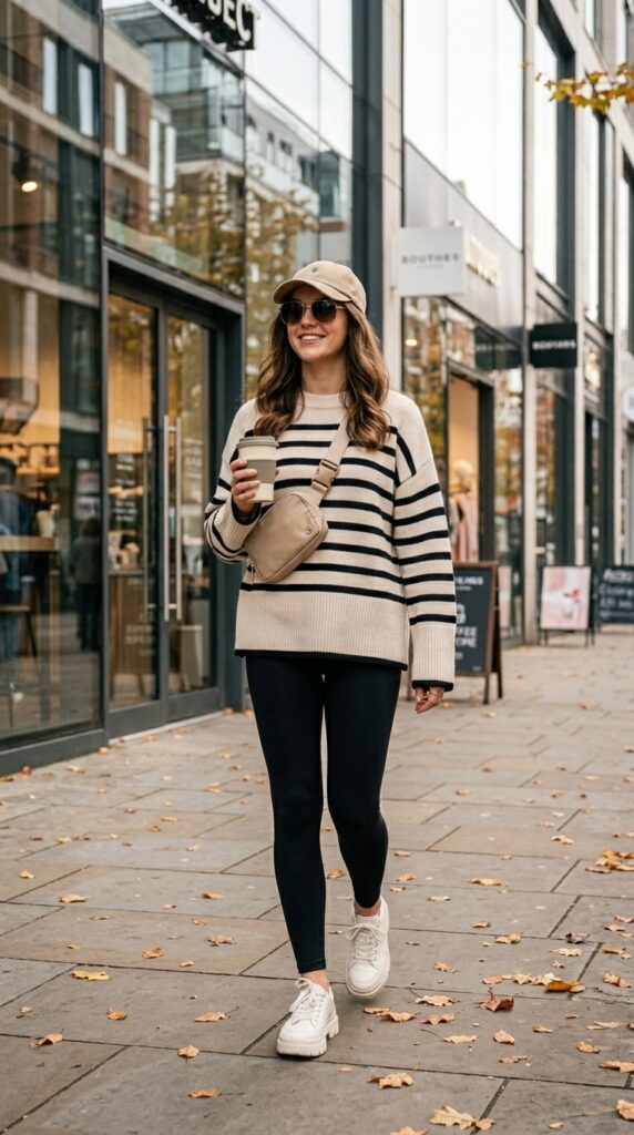 Oversized Striped Sweater with Black Leggings