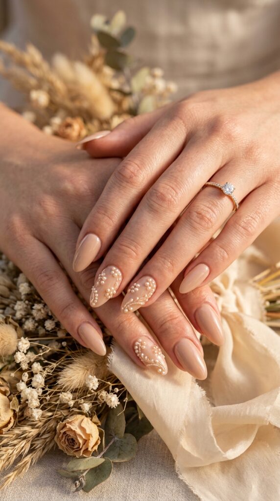 Pearl Inlay Almond Wedding Nails