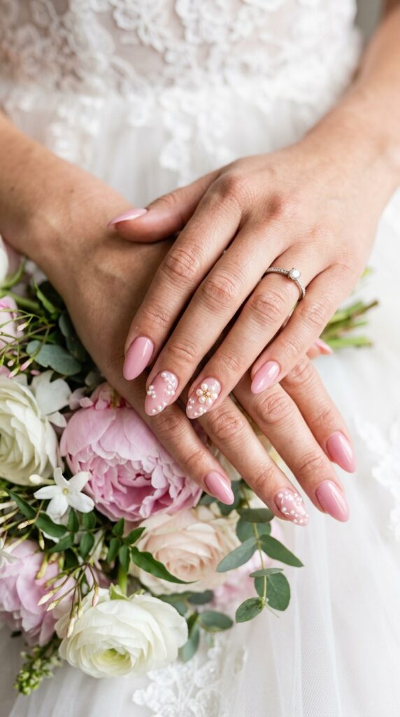 Pearls On Soft Pink Wedding Nails