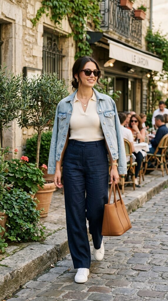 Polo Shirt With Relaxed Trousers and Denim Jacket