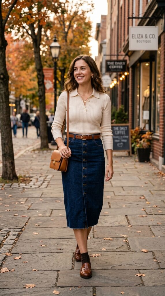 Polo Sweater With a Denim Skirt