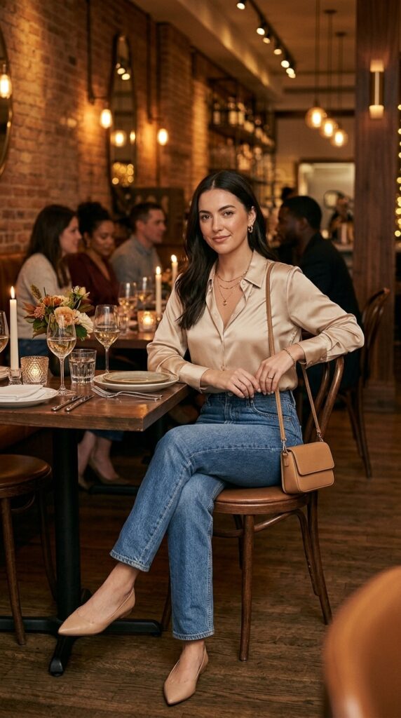 Satin Blouse With Straight Leg Jeans