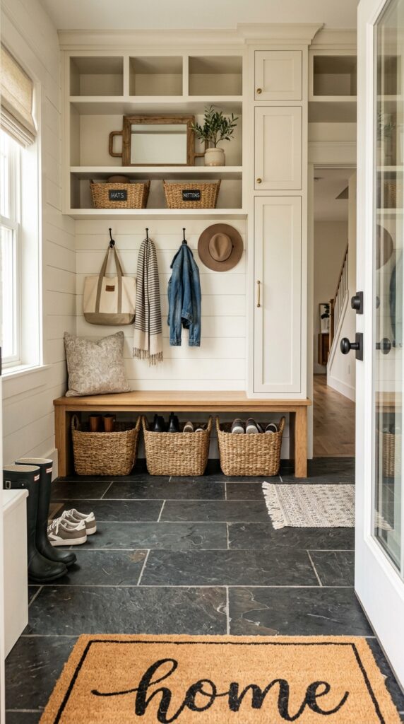 Slate Tile Mudroom Entryway