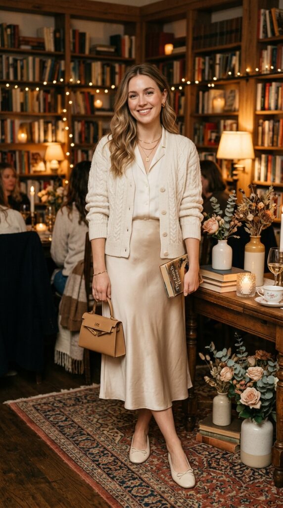 Soft Cardigan With Satin Midi Skirt