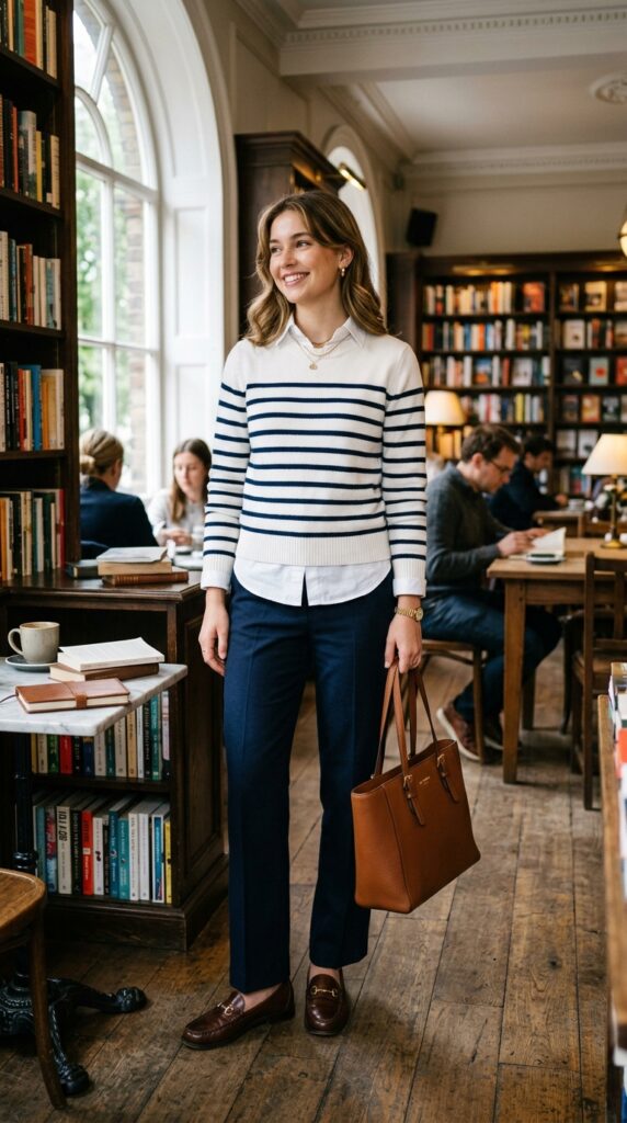 Striped Sweater Layered over a White Button-Down Shirt