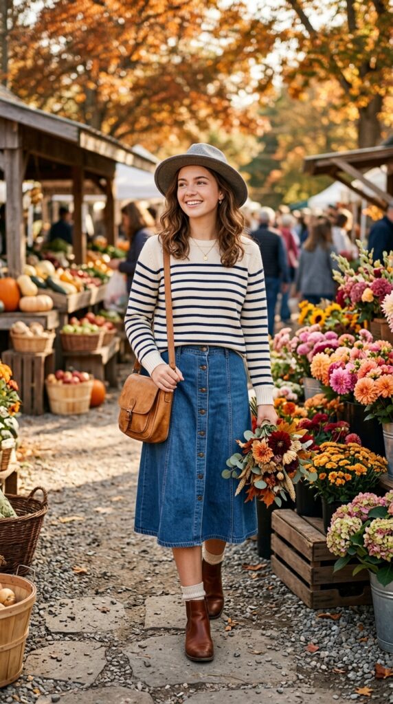 Striped Sweater with Denim Midi Skirt