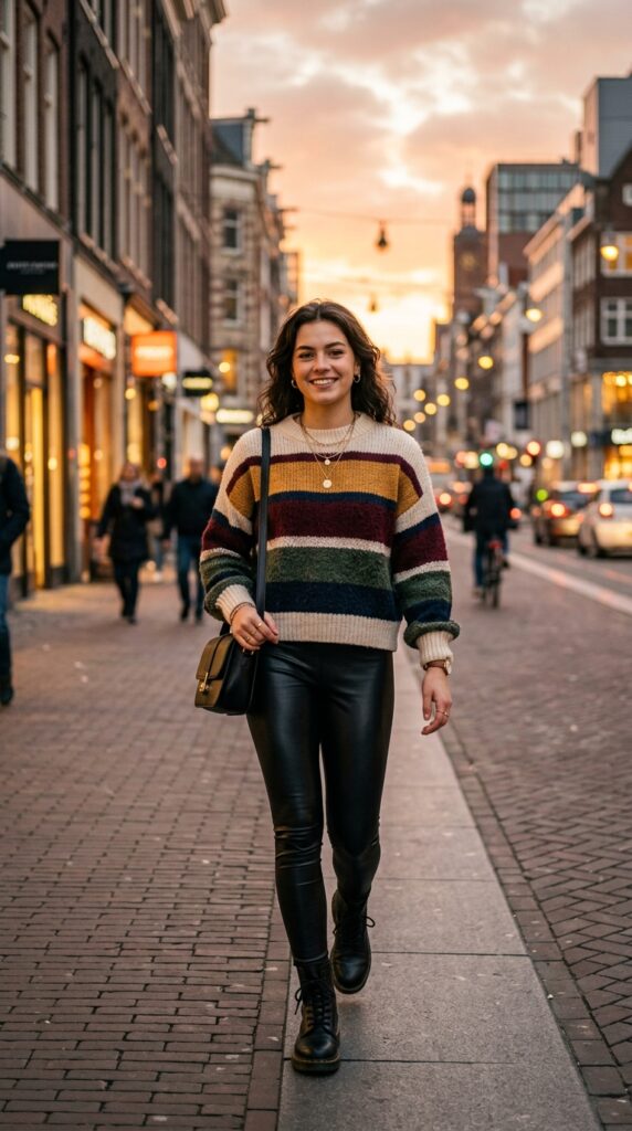 Striped Sweater with Faux Leather Leggings