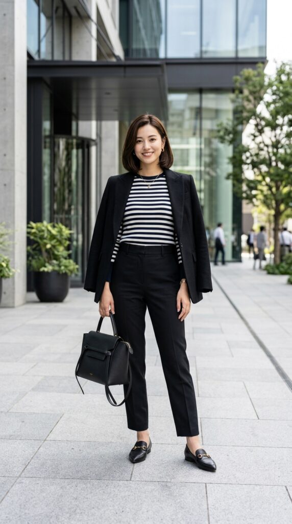 Striped Sweater with Tailored Black Trousers