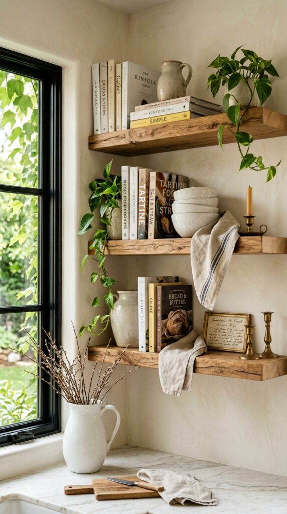 Style Cookbooks on Open Wooden Shelves