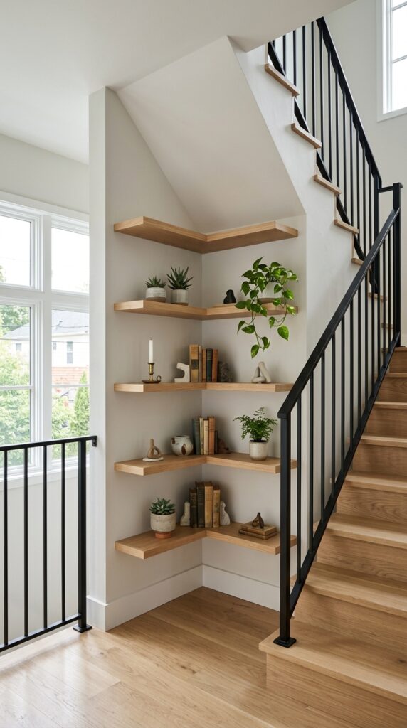Use Corner Shelves Around the Staircase